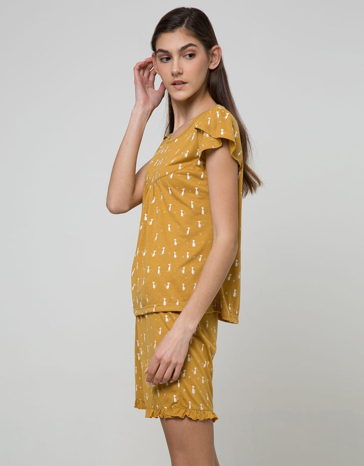 Cynthia Piyama Set Pants Round Neck Motif Printed Cat