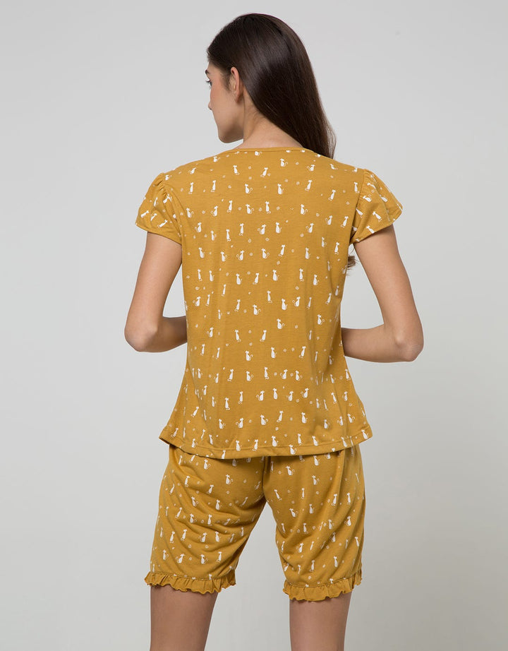 Cynthia Piyama Set Pants Round Neck Motif Printed Cat