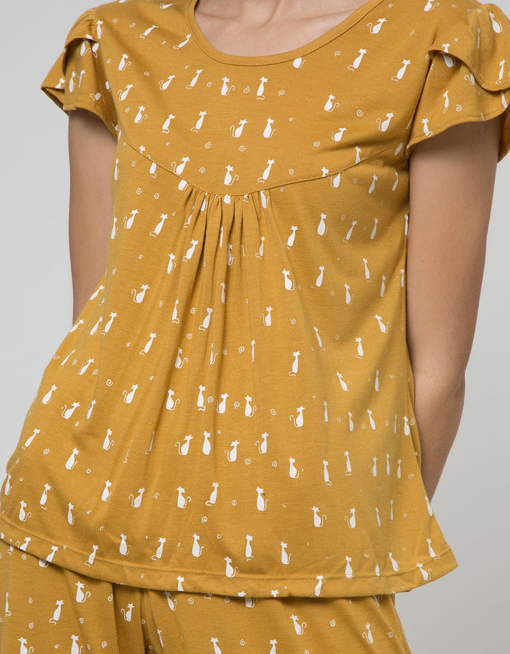 Cynthia Piyama Set Pants Round Neck Motif Printed Cat