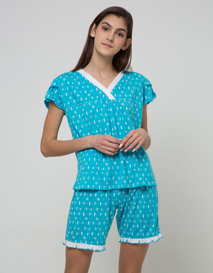 Cynthia Piyama Set Pants V Neck Motif Printed
