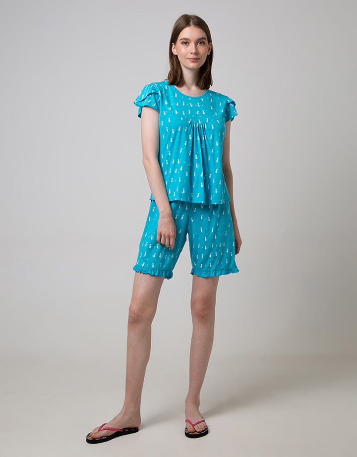 Cynthia Piyama Set Pants Round Neck Motif Printed Cat