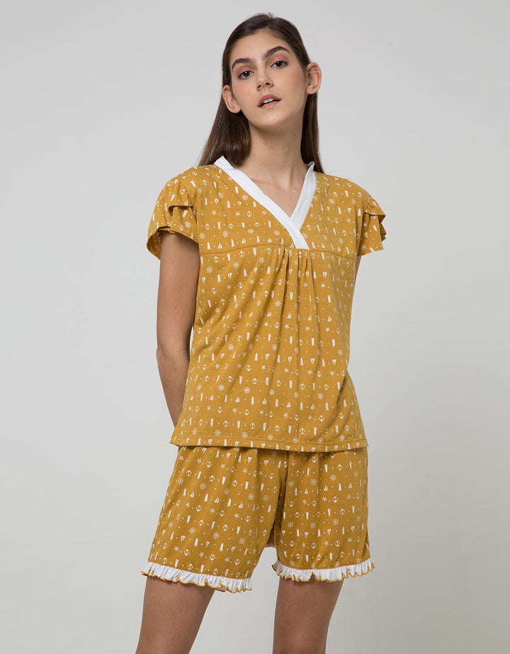 Cynthia Piyama Set Pants V Neck Motif Printed