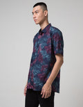 D'Red Print Daun Warna Kemeja Pria Lengan Pendek