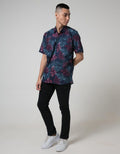 D'Red Print Daun Warna Kemeja Pria Lengan Pendek