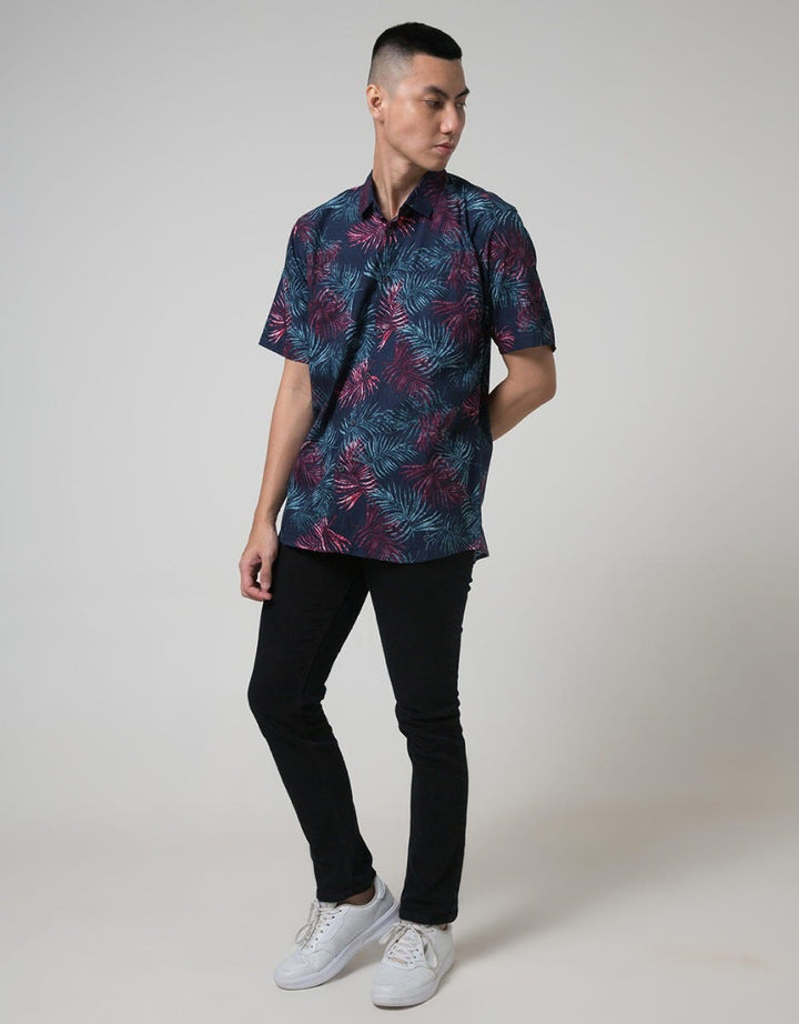D'Red Print Daun Warna Kemeja Pria Lengan Pendek