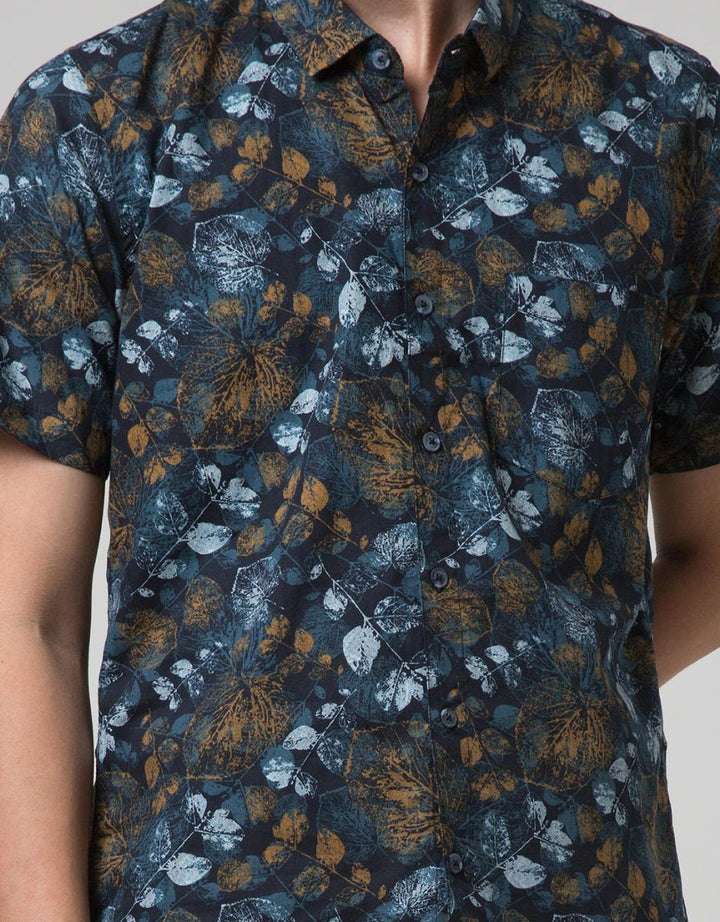 D'Red Leaf Print Short Sleeve Shirt