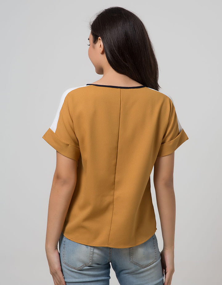Minimal Short Sleeves Color Block Blouse