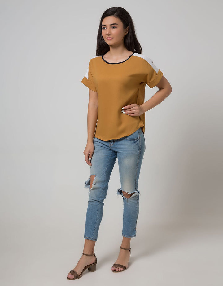 Minimal Short Sleeves Color Block Blouse