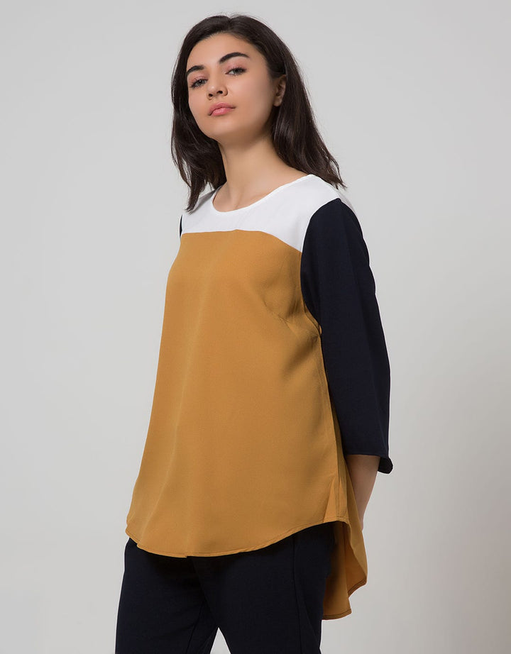 Minimal 3/4 Sleeve Color Block Blouse