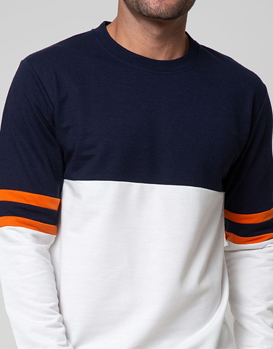 Details Sweatshirt Jumper R Neck Cut N Sewn With 2 Stripe On