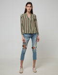 Connexion Long Sleeve Blouse Poly Skoder Skipper Neck Lapel Print Strip