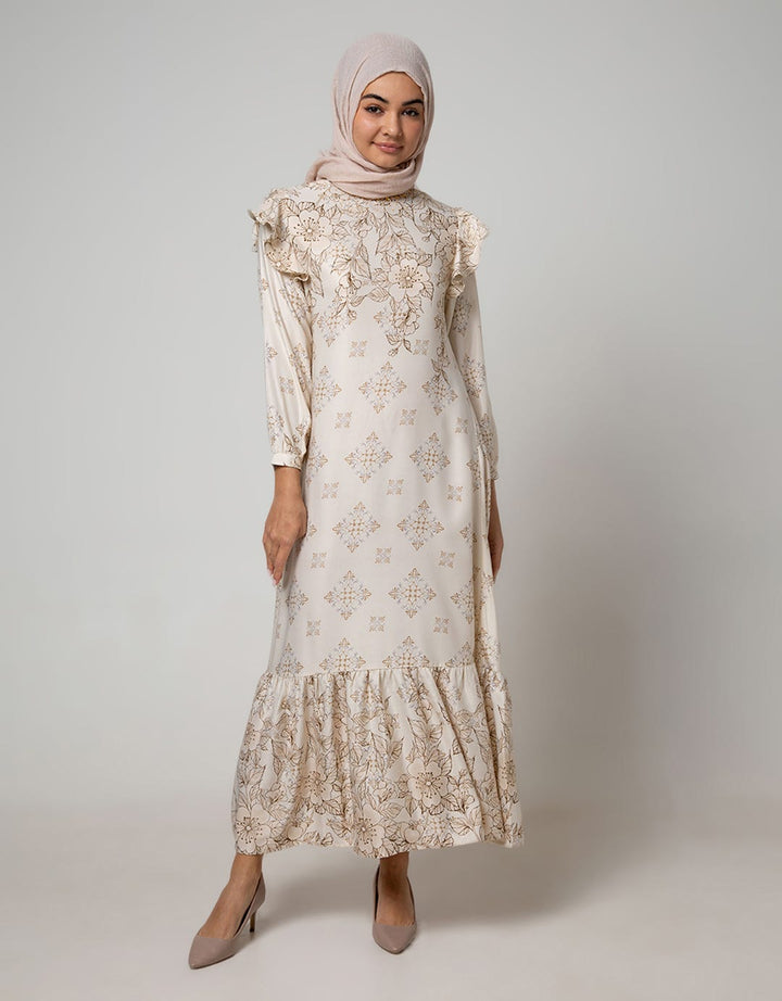 Annisa Long Sleeve Maxi Gamis Magnolia Print With Beaded Neckline