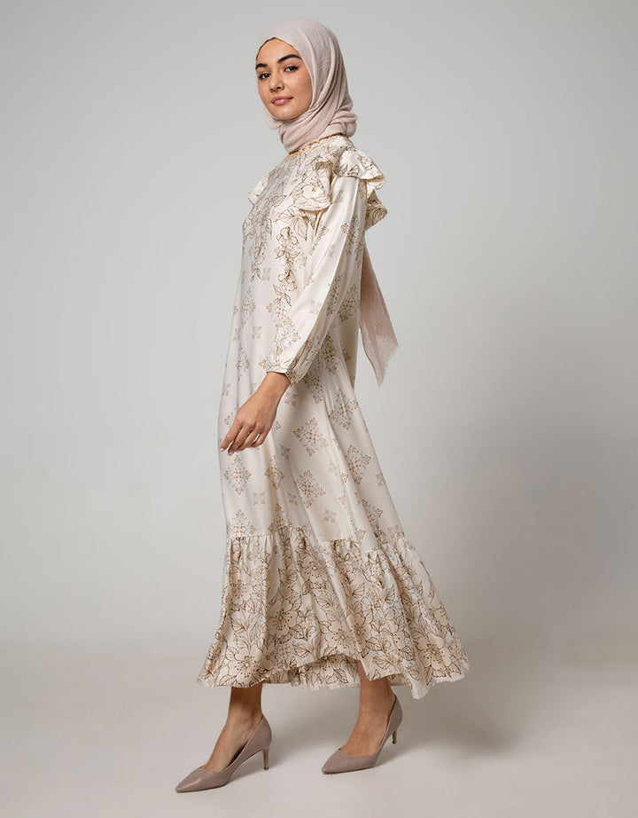 Annisa Long Sleeve Maxi Gamis Magnolia Print With Beaded Neckline