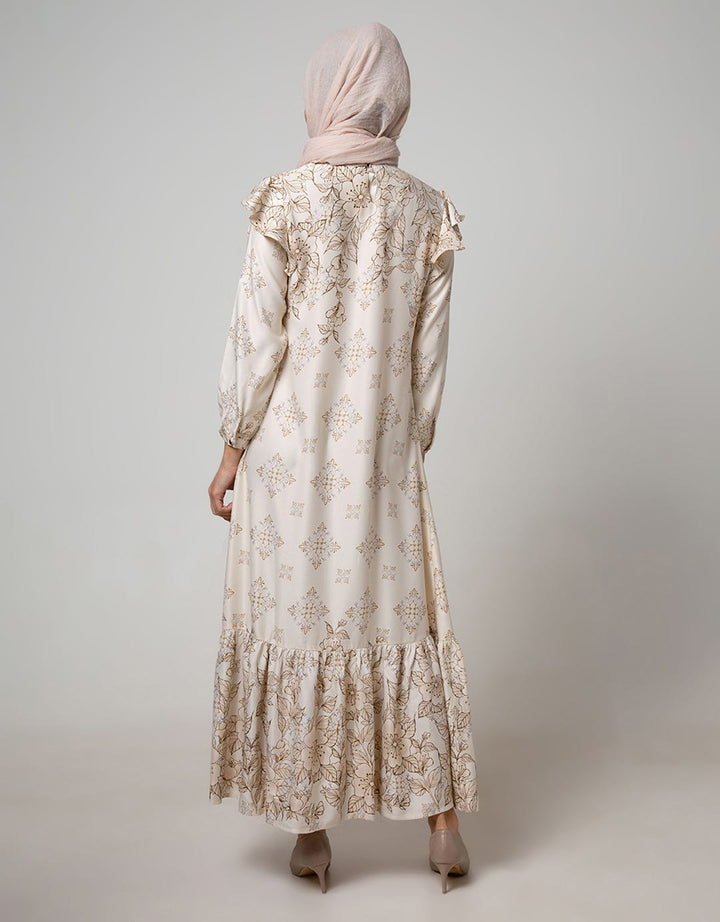 Annisa Long Sleeve Maxi Gamis Magnolia Print With Beaded Neckline