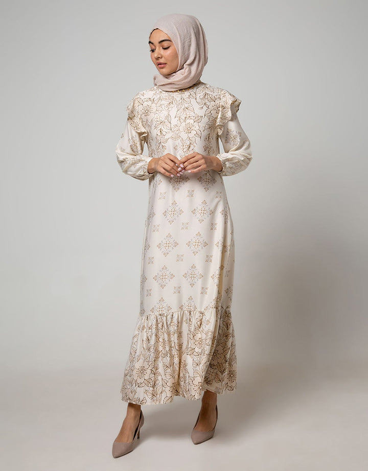 Annisa Long Sleeve Maxi Gamis Magnolia Print With Beaded Neckline