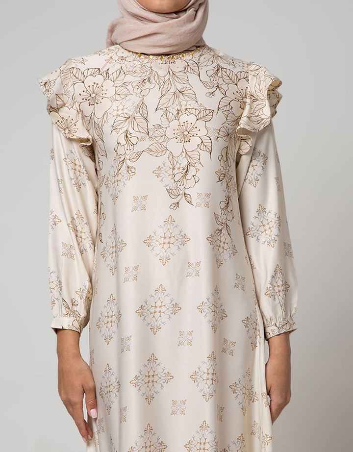 Annisa Long Sleeve Maxi Gamis Magnolia Print With Beaded Neckline