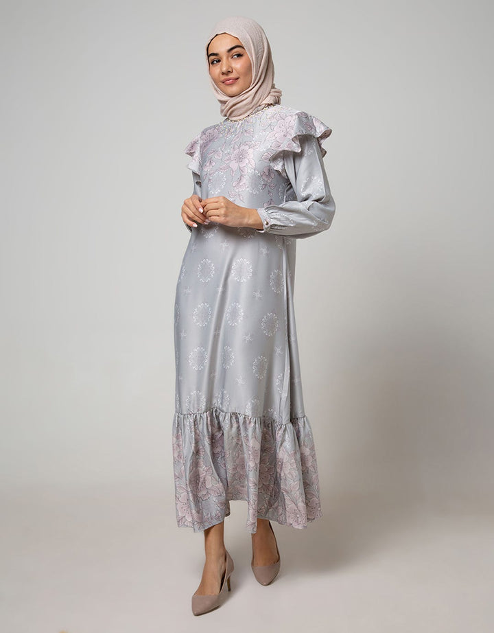 Annisa Long Sleeve Maxi Gamis Magnolia Print With Beaded Neckline