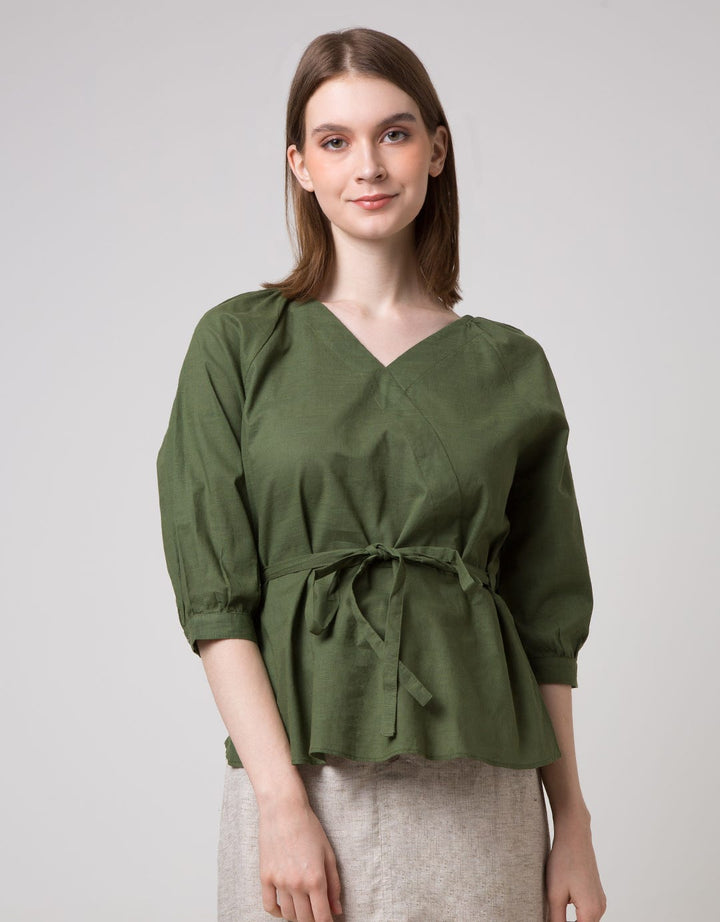 Connexion Long Sleeve Blouse 7/8 V-neck Slub Overslagh With Elastic