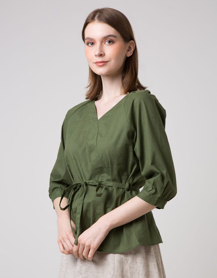 Connexion Long Sleeve Blouse 7/8 V-neck Slub Overslagh With Elastic