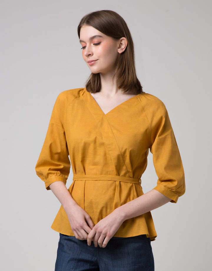 Connexion Long Sleeve Blouse 7/8 V-neck Slub Overslagh With Elastic
