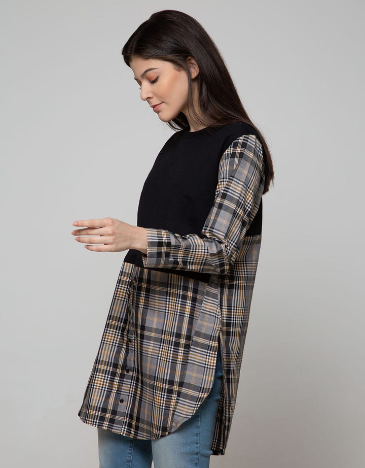 Details Sweatshirt Top Knit with Kombinasi Woven Kotak