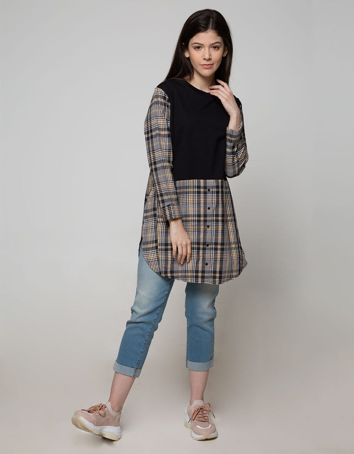 Details Sweatshirt Top Knit with Kombinasi Woven Kotak
