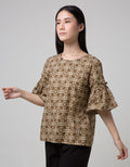 Connexion 3/4 Blouse Batik Print Ruffle Sleeve Round Neck