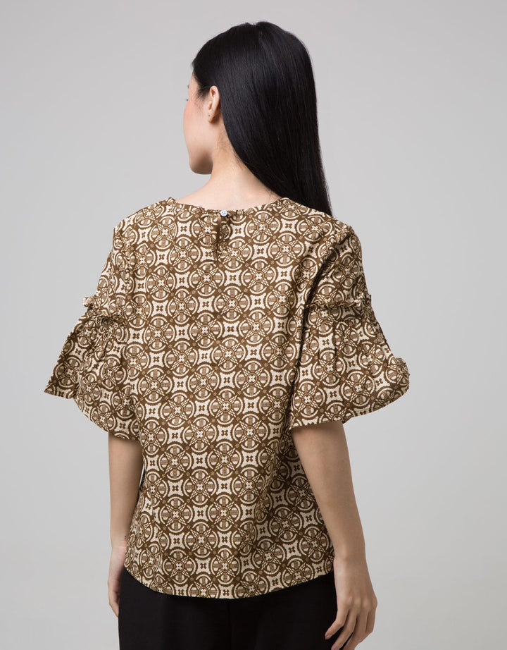 Connexion 3/4 Blouse Batik Print Ruffle Sleeve Round Neck