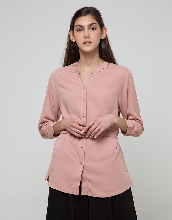 Connexion Long Sleeve Blouse Tunic Basic Round Neck Full Button