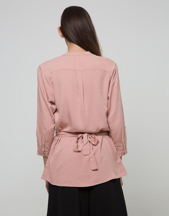 Connexion Long Sleeve Blouse Tunic Basic Round Neck Full Button