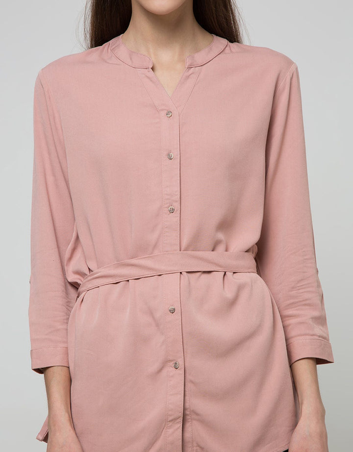 Connexion Long Sleeve Blouse Tunic Basic Round Neck Full Button