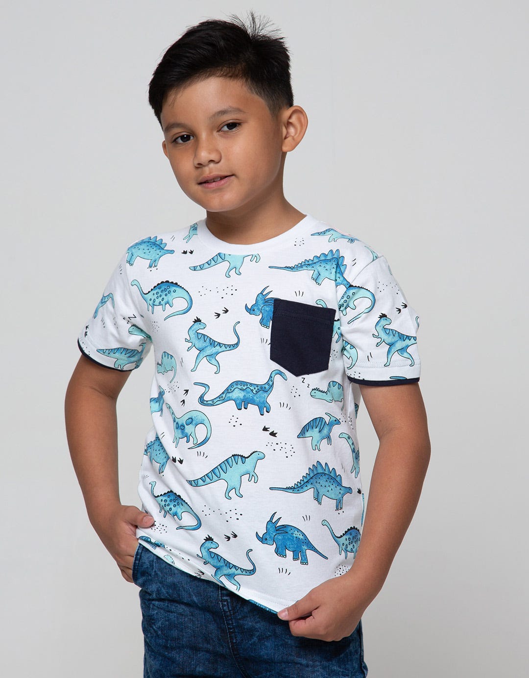 Little M Short Sleeve T-Shirt Fullprint Dino Footprint Pocket