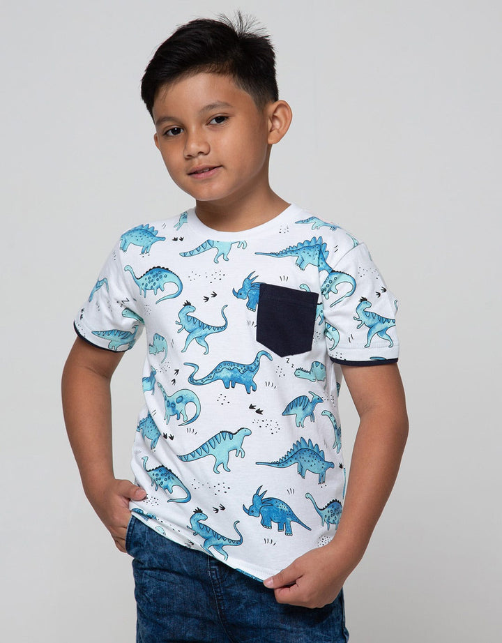 Little M Short Sleeve T-Shirt Fullprint Dino Footprint Pocket