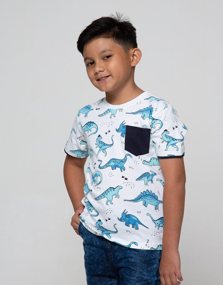 Little M Short Sleeve T-Shirt Fullprint Dino Footprint Pocket