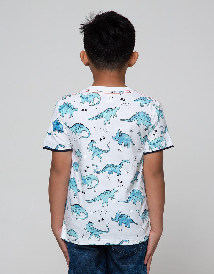 Little M Short Sleeve T-Shirt Fullprint Dino Footprint Pocket