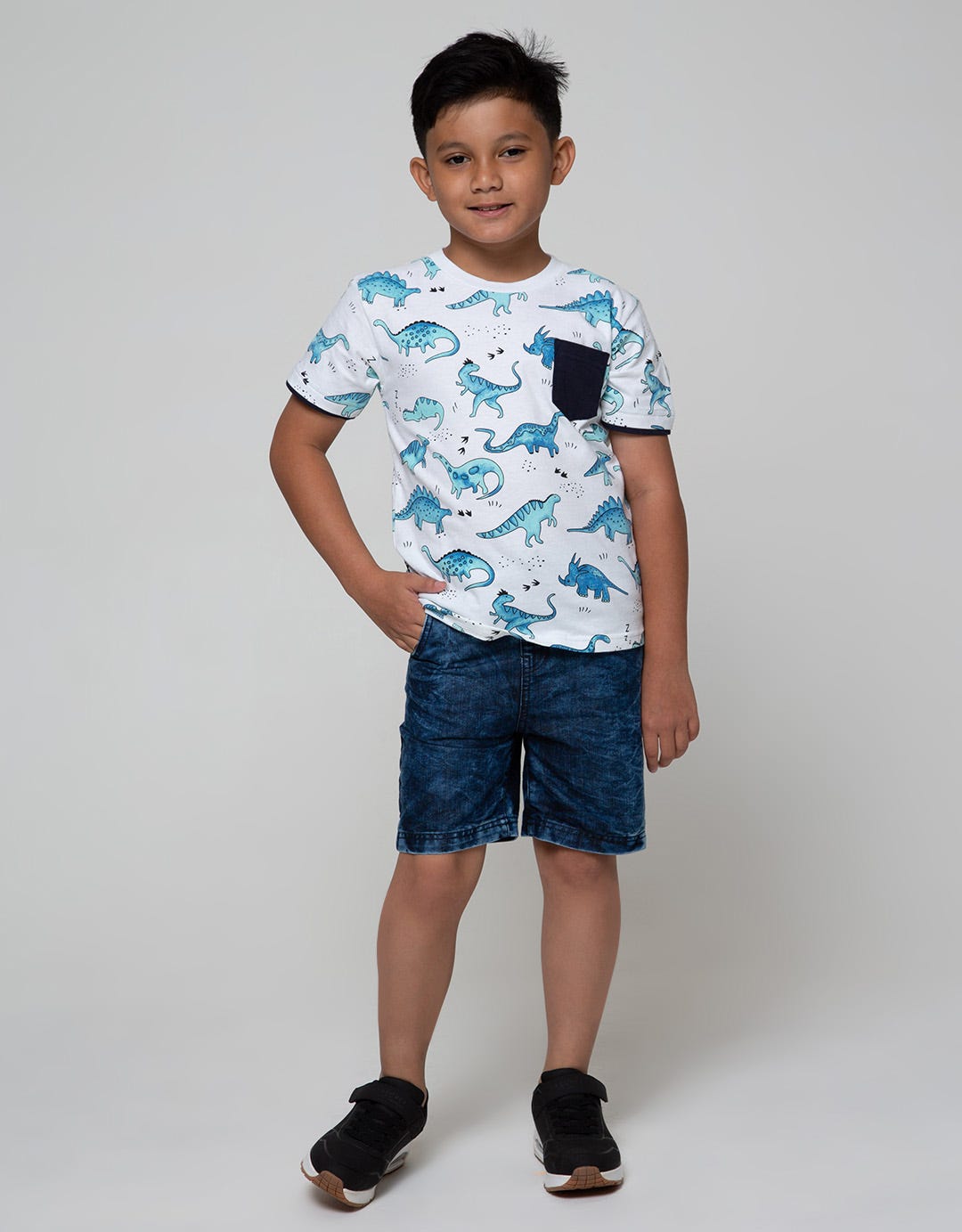 Little M Short Sleeve T-Shirt Fullprint Dino Footprint Pocket