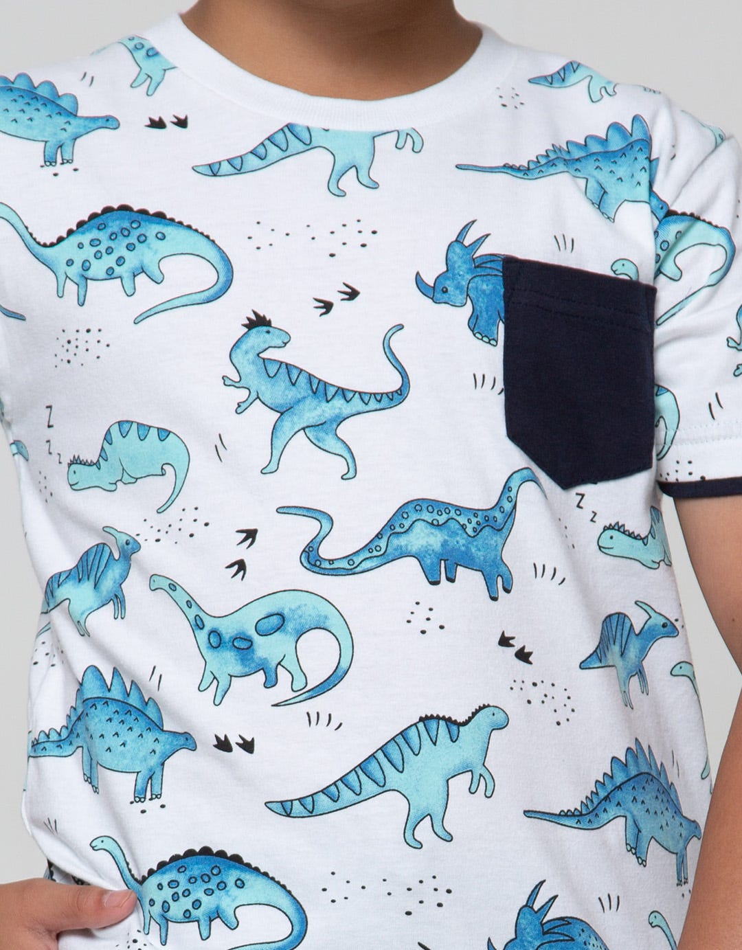 Little M Short Sleeve T-Shirt Fullprint Dino Footprint Pocket
