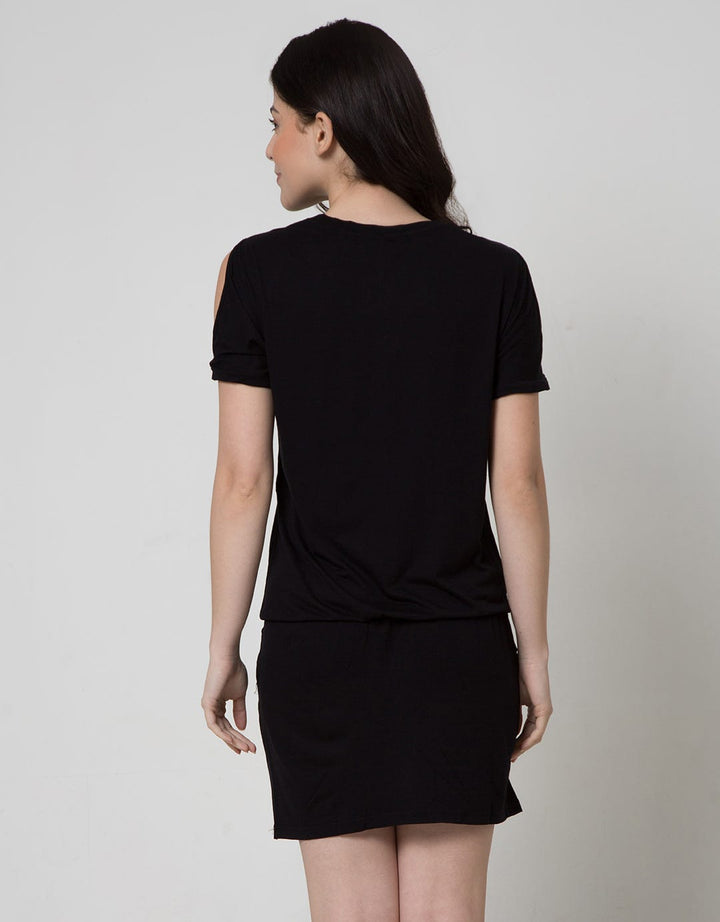 Logo Jeans Hole Sleeve Dress Wanita