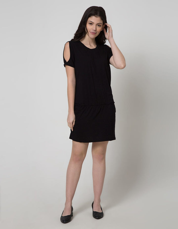 Logo Jeans Hole Sleeve Dress Wanita