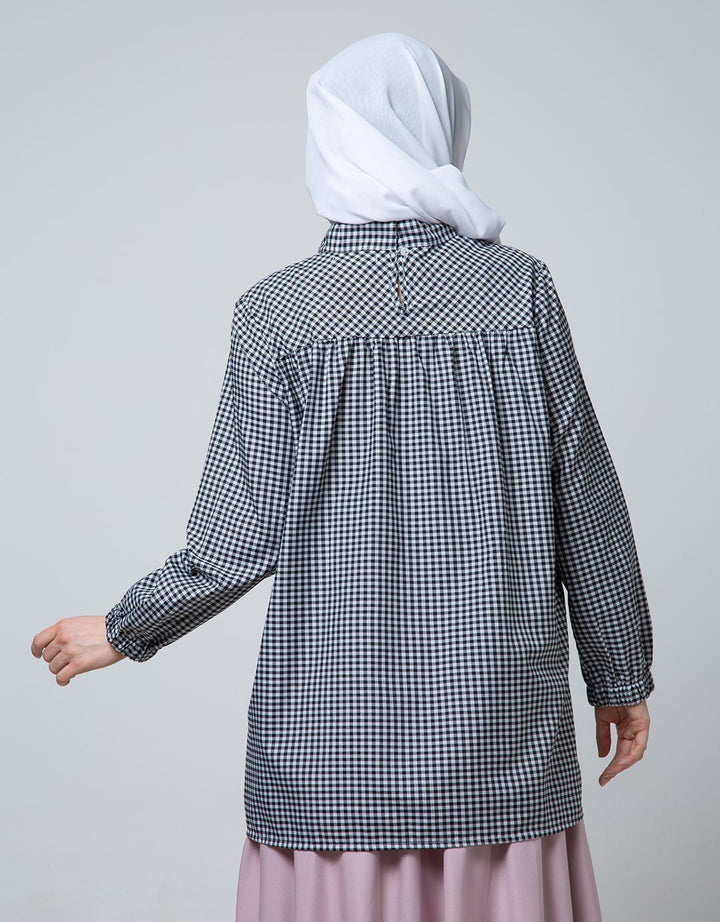Annisa Long Sleeve Blouse Oversized Gingham With Bow Tie