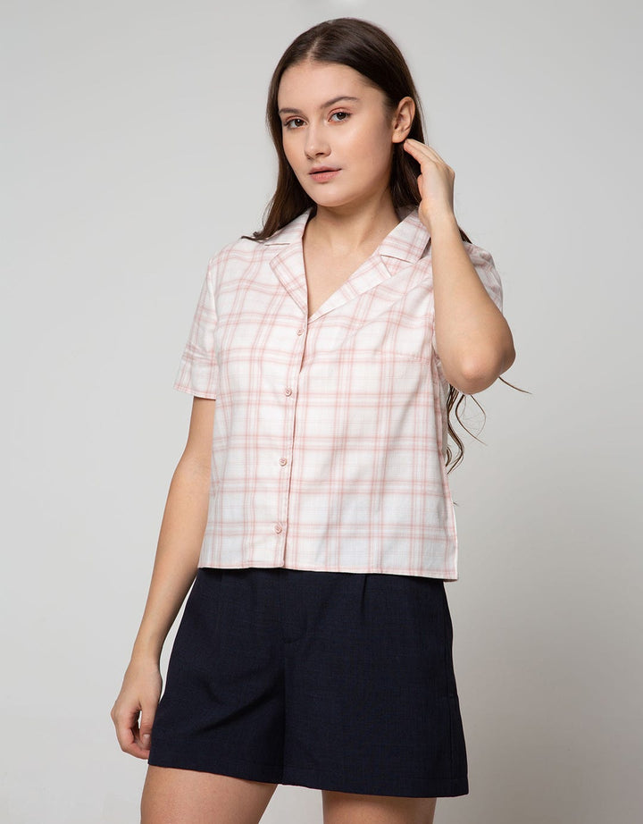 Details Short Sleeve Shirt Boxy Check Pink