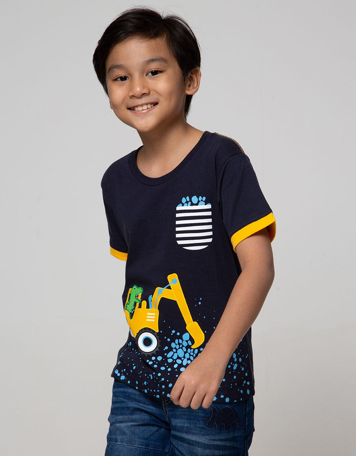 Little M Short Sleeve T-Shirt Dino Truck Embroidered Peek Hand