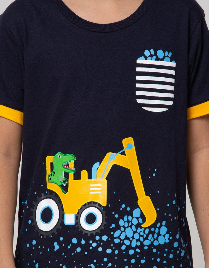 Little M Short Sleeve T-Shirt Dino Truck Embroidered Peek Hand
