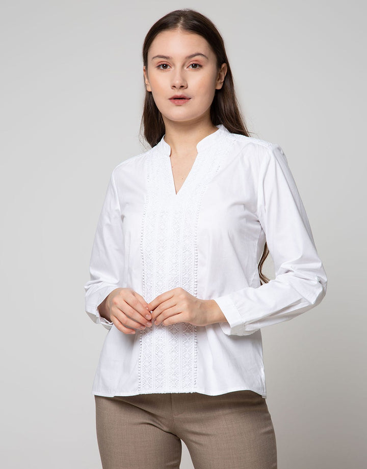Connexion Long Sleeve Blouse Cott Poplin Lace Plakat At054:Off White:S:Solid:Long Sleeve Blouse