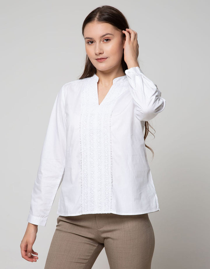 Connexion Long Sleeve Blouse Cott Poplin Lace Plakat At054:Off White:S:Solid:Long Sleeve Blouse