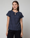 Connexion Short Sleeve Blouse Rayon Twill Print Stripes With Tie Neck