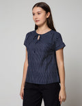 Connexion Short Sleeve Blouse Rayon Twill Print Stripes With Tie Neck