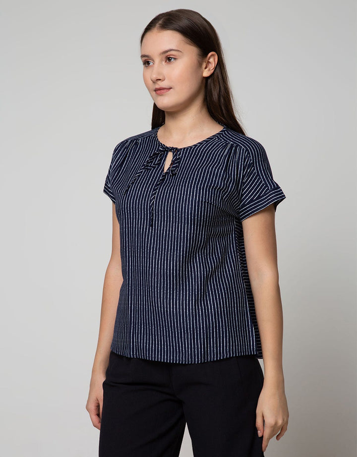 Connexion Short Sleeve Blouse Rayon Twill Print Stripes With Tie Neck