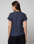 Connexion Short Sleeve Blouse Rayon Twill Print Stripes With Tie Neck