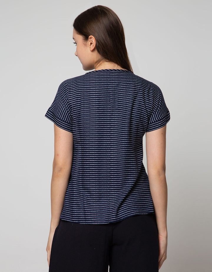 Connexion Short Sleeve Blouse Rayon Twill Print Stripes With Tie Neck